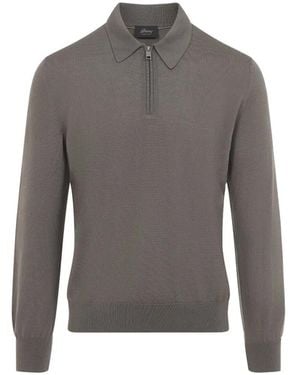 Brioni Cream Wool Long Sleeves Zip Polo - Grey