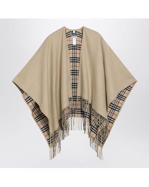 Burberry Reversible Wool Check Cape With Fringes - Natural