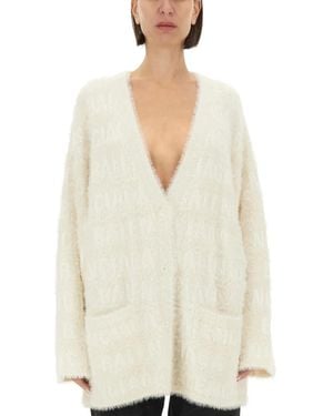 Balenciaga Logo Jacquard Faux Fur Cardigan - White