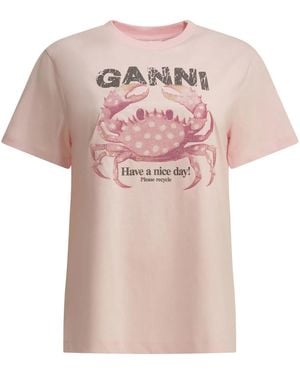 Ganni "Crab" Crewneck T-Shirt - Pink