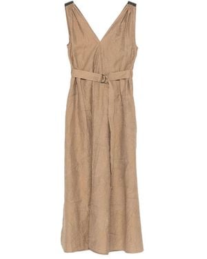 Brunello Cucinelli V-Neck Belted Midi Dress - Natural