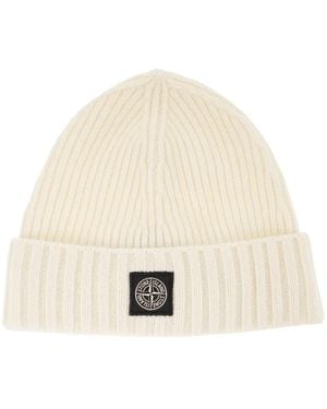 Stone Island Rib-Knit Wool Blend Beanie With Compass Logo - Natural