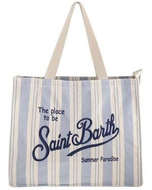 MC2 Saint Barth Striped Canvas Tote Bag With Embroidered Logo - White