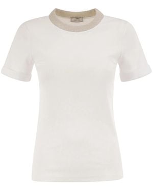 Peserico Stretch Cotton Jersey T-Shirt With Lamé Knit Neckline - White