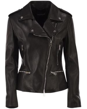 Dondup Lamb Leather Biker Jacket With Asymmetric Zip - Black