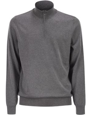 BOSS Virgin Wool Jumper With Zip Collar - Grey
