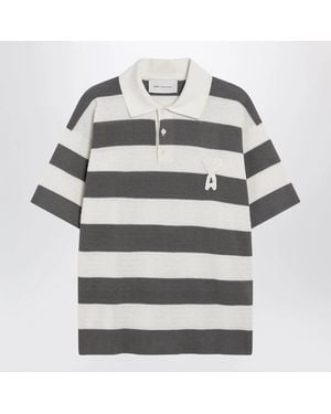 Ami Paris Ami De Coeur Striped Cotton Knit Polo Shirt - Grey