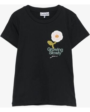 Ganni T-Shirt With Flower - Black