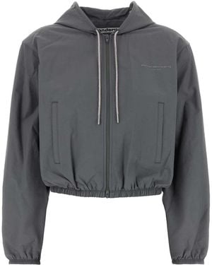 Alexander Wang Shrunken Hoodie Jacket W/ Rhinestone Drawcord - Gray