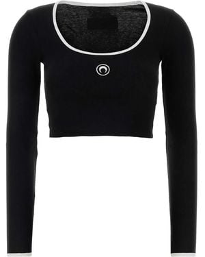 Marine Serre Moon Logo Bicolor Jersey Ls Roundneck T-Shirt - Black