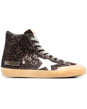Golden Goose "Francy Penstar" Glitter Upper Suede Toe Leather Star And List - Brown