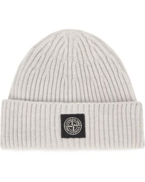 Stone Island Ribbed Knit Hat With Logo - White