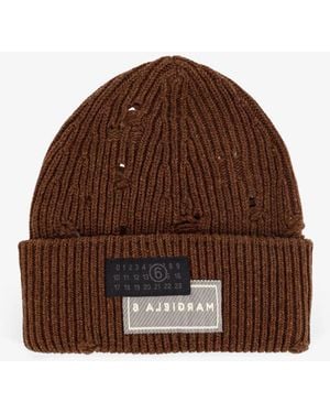 MM6 by Maison Martin Margiela Wool Blend Beanie Hat With Distressed Effect - Brown
