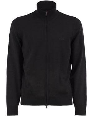 BOSS Pure Virgin Wool Zip-Up Cardigan - Black