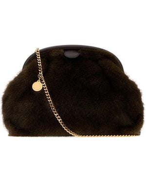 Stella McCartney Falabella Soft Clutch With Chain Mink Plush Fabric - Black