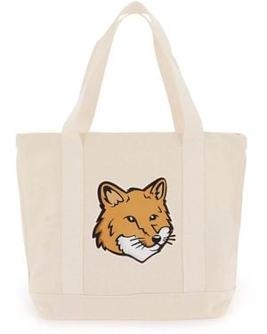 Maison Kitsuné Maison Kitsuné Fox Head Canvas Tote Bag - White