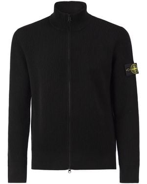 Stone Island Virgin Wool Ribbed Cardigan With High Neck And Zip - Black