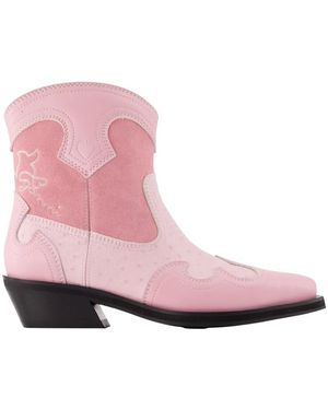 Ganni Low Shaft Embroidered Western Mix Boots - Pink