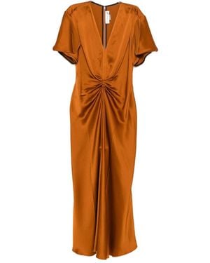 Victoria Beckham Gathered V Neck Midi Dress Clothing - Orange