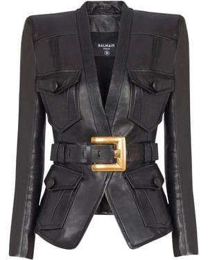 Balmain "4 Pockets" Belted Fitted Lambskin Jacket - Black