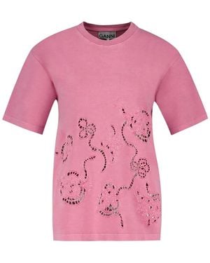 Ganni Embroidery Anglais T-Shirt - Pink