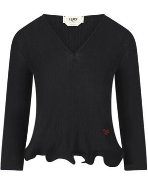 Fendi Ribbed Long-Sleeve V-Neck Top - Black