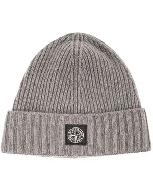 Stone Island Rib-Knit Wool Blend Beanie With Compass Logo - Gray