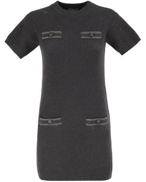 Brunello Cucinelli Ribbed Knit Dress With Sequins And Patch Pockets - Black