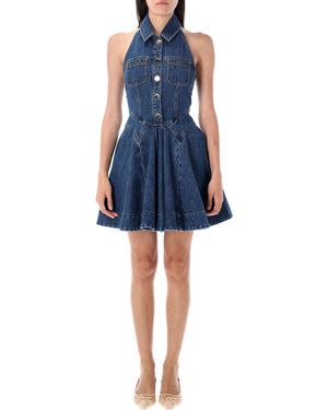 Self-Portrait Denim Flared Mini Dress - Green