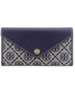 Tory Burch Leather And T Monogram Fabric Wallet - Blue