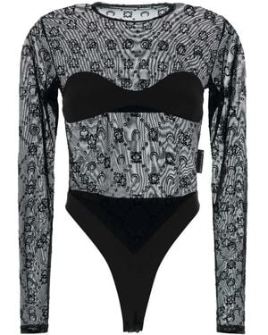 Marine Serre Moonogram Mesh Flock Ls Bodysuit Top - Black