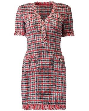 Self-Portrait Check Frayed Knit Mini Dress - Pink