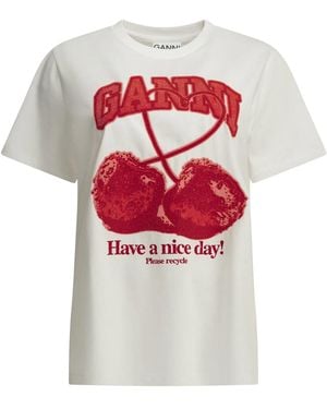 Ganni "Cherries" Crewneck T-Shirt - White