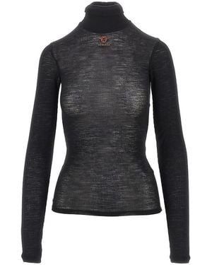 Versace Ribbed Wool Turtleneck Top - Black