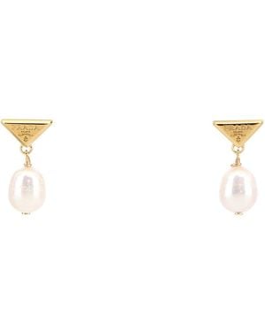 Prada Two-Tone Mini Pearl And Metal Drop Earrings - White