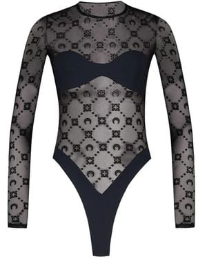 Marine Serre "Moonogram" Mesh Flock Long Sleeves Bodysuit Top - Black