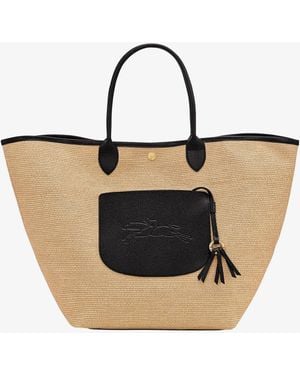 Longchamp Le Panier Pliage Raffia And Leather Shoulder Bag - Black