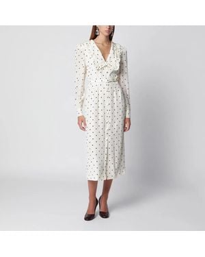 Alessandra Rich Cream Silk Midi Dress With Burgundy Polka Dots - White