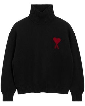 Ami Paris Funnel-Neck Sweater With Heart Intarsia Design - Black
