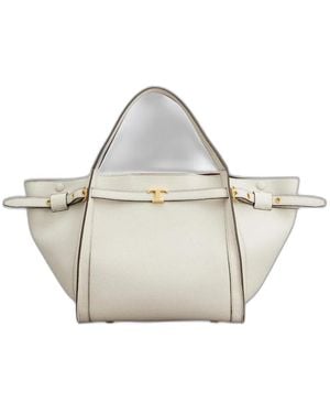 Tod's Small Leather Shopping Bag With T Timeless Accessory - Natural