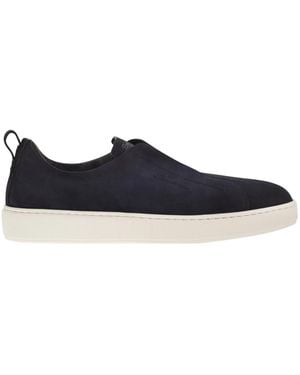 Santoni Suede Leather Slip-On Trainers With Rubber Sole - Blue
