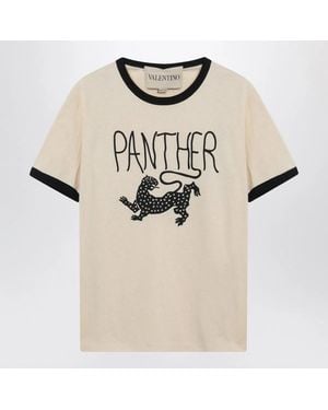 Valentino Butter-Colored T-Shirt With Panther Print - Natural