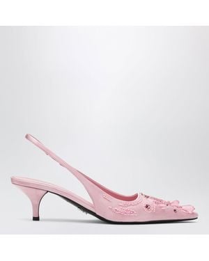 Prada Embroidered Satin Slingback Court Shoes - Pink
