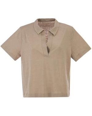 Majestic Cropped Linen Stretch Polo With V-Neck - Natural
