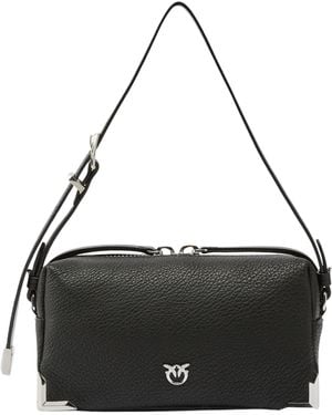 Pinko Logo-Plaque Pebbled-Leather Shoulder Bag - Black