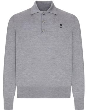 Ami Paris Polo Jumper With Contrasted Ami De Coeu - Grey