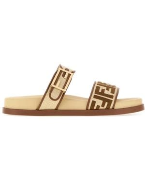 Fendi Feel Raffia-Effect Slides - Natural