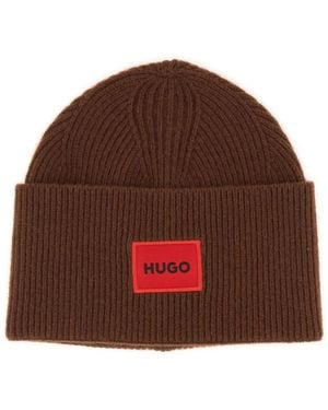 HUGO Beanie Hat With Logo - Brown