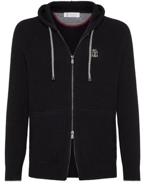Brunello Cucinelli Ribbed-Knit Cashmere Zip-Up Hoodie Featuring An Embroidered Chest Logo - Black