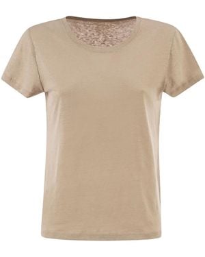 Majestic Stretch Linen T-Shirt With Round Neckline - Natural